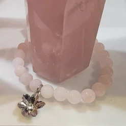 Pink Quartz And Silver Cherry Blossom Charm Bracelet